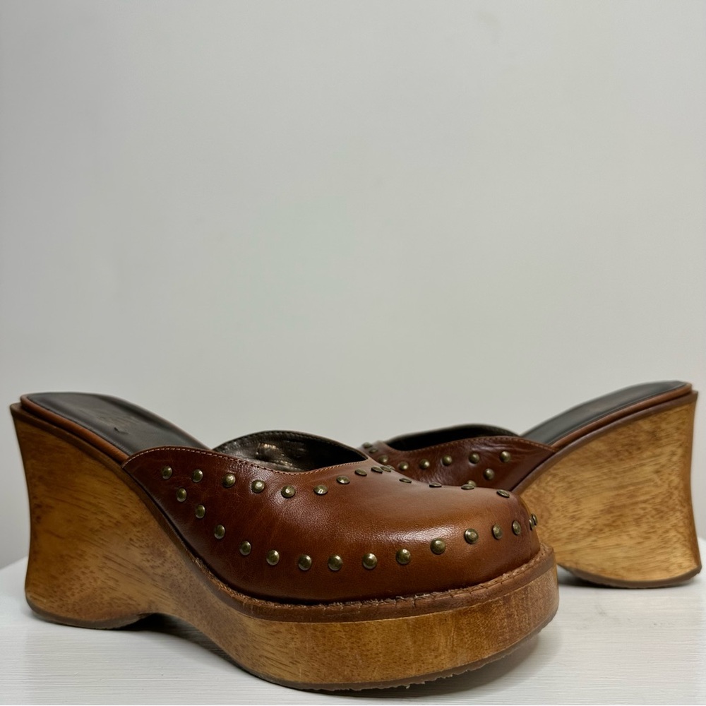 Studded Brown Leather Mules with Wooden Heel